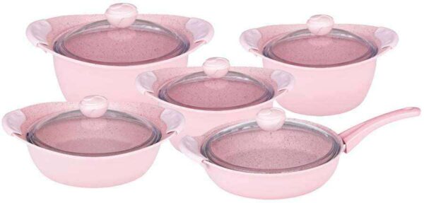 Набор посуды с а/п покрытием из 10 (5/5) предм. (крышки стеклянные), цв.розовый OMS 2