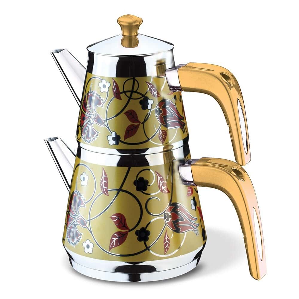 Чайник OMS, 8054, золотой, 2 шт. Чайник OMS. Двойной чайник OMS. Медный двойной турецкий чайник чайданлык.