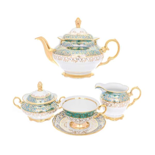 Чайный сервиз на 6 персон Queens Crown Зеленый лист 15 предметов farforhouse