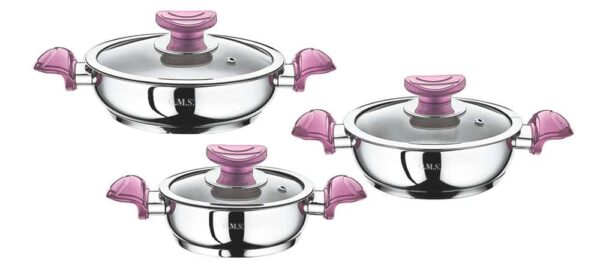 Набор кухонной посуды из 6 (3/3) предметов низкие (крышки стеклянные) цв.ручек розовый OMS farforhouse